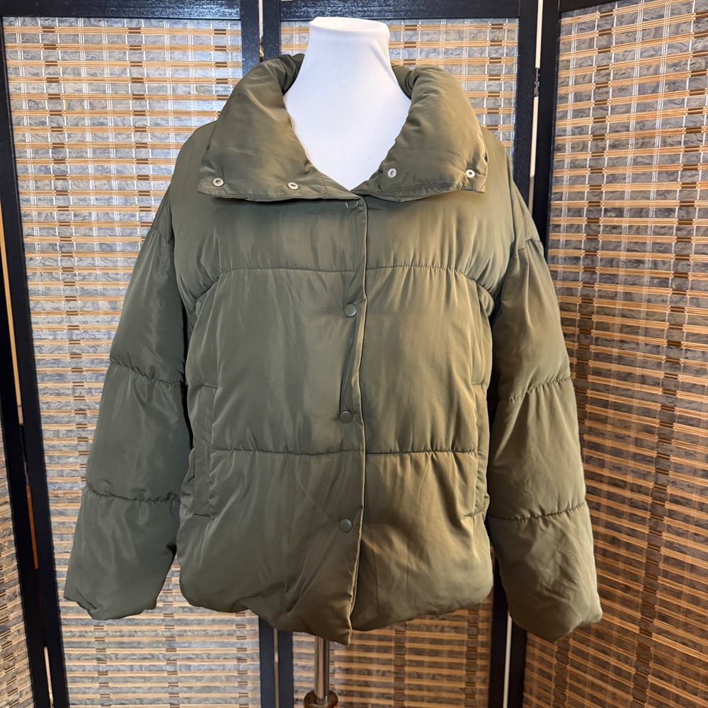 Free People Weekender Puffer Jacket Women's L Olive Green Oversized Snap Coat